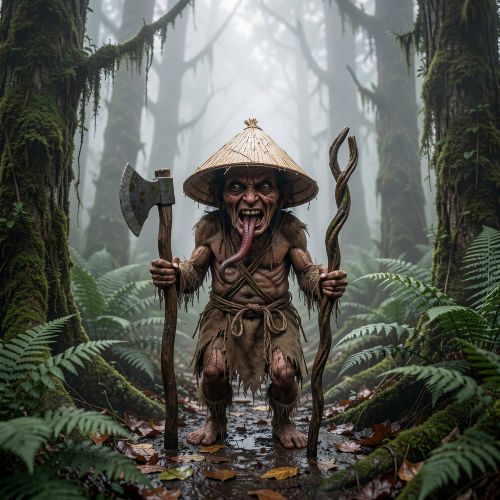 El Trauco from Chilote folklore standing in a misty temperate rainforest