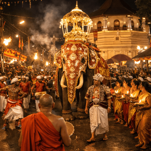 Elephant procession during Esala Perahera in Sri Lanka