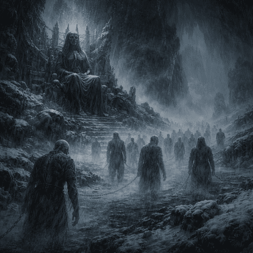 Helheim beneath the roots of Yggdrasil, icy mist swirling through a vast shadowed underworld,