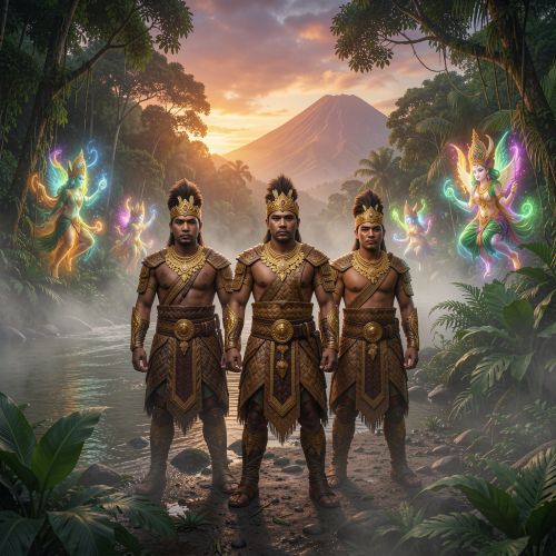 scene of the Hinilawod epic, three demigod warriors Labaw Donggon, Humadapnon, and Dumalapdap standing on a misty tropical riverbank beside the Halawod River
