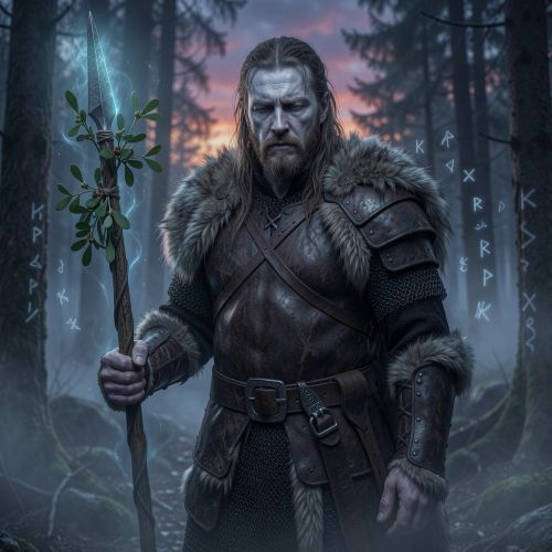 Hodr, the blind Norse god, standing in a dark Nordic forest under a twilight sky