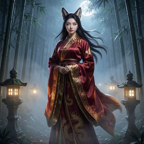 Huli Jing, the legendary Chinese fox spirit, standing calmly in a misty bamboo forest at night.