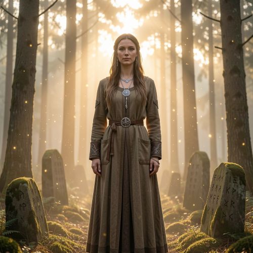 Norse goddess Ilmr standing in a mist-covered Nordic forest at dawn,