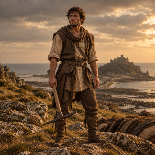 Jack the Giant-Killer, a rugged medieval Cornish hero in worn clothing, stands holding a pickaxe on a rocky coastal landscape