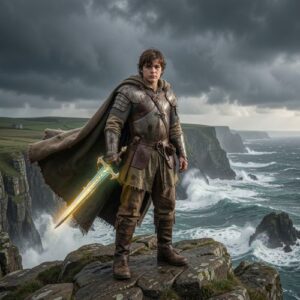 Jack the Giant-Killer, a young rugged Cornish farmer’s son, standing victorious beside a massive fallen giant on a rocky coastal cliff resembling St. Michael’s Mount