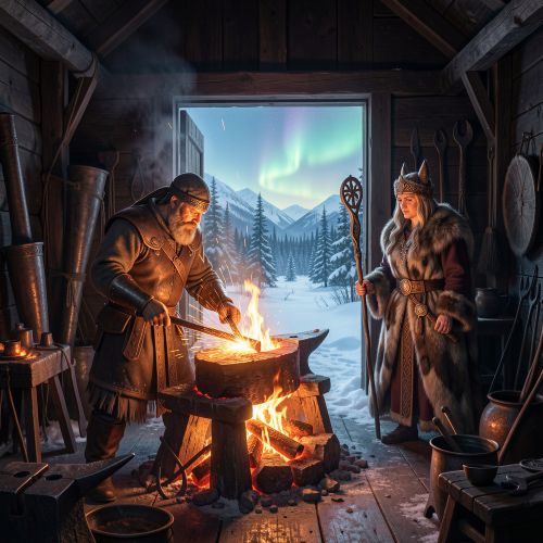 scene from the Kalevala, the legendary blacksmith Ilmarinen forging the mystical Sampo inside a fiery northern forge,