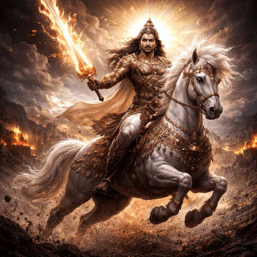 Kalki Avatar descending at the end of Kali Yuga