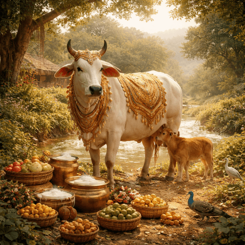 Kamadhenu's Boon from the celestial cow from Hindu mythology, with a radiant white body, gentle human-like face