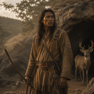 Kanati the Lucky Hunter, a Native American Cherokee hunter standing in an Appalachian forest at dawn