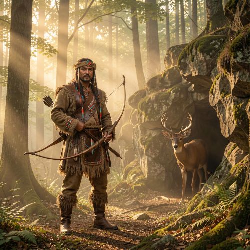 Kanati the Lucky Hunter, a Native American Cherokee hunter standing in an Appalachian forest at dawn