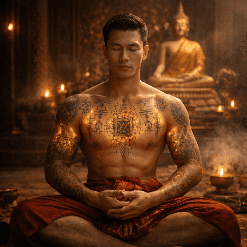 Khun Phaen, legendary Thai warrior-sorcerer, standing in a dimly lit temple interior, muscular body covered in intricate glowing Sak Yant sacred tattoo