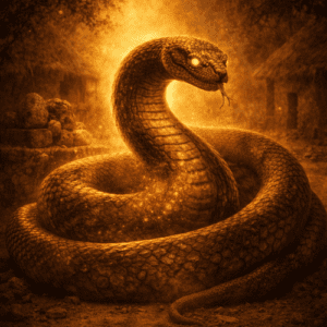 Lebe, the Dogon serpent earth deity, emerging from sacred soil near a traditional African shrine