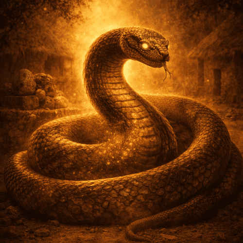 Lebe, the Dogon serpent earth deity, emerging from sacred soil near a traditional African shrine