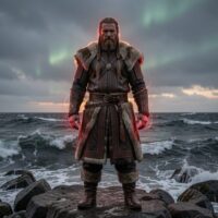 Mythlok - Lodurr Lodurr standing alone on a rugged Nordic shoreline at twilight, ancient Scandinavian atmosphere