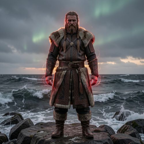 Lodurr standing alone on a rugged Nordic shoreline at twilight, ancient Scandinavian atmosphere