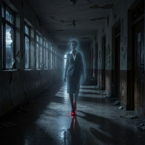 Madam Koi Koi inside an abandoned African boarding school corridor at night