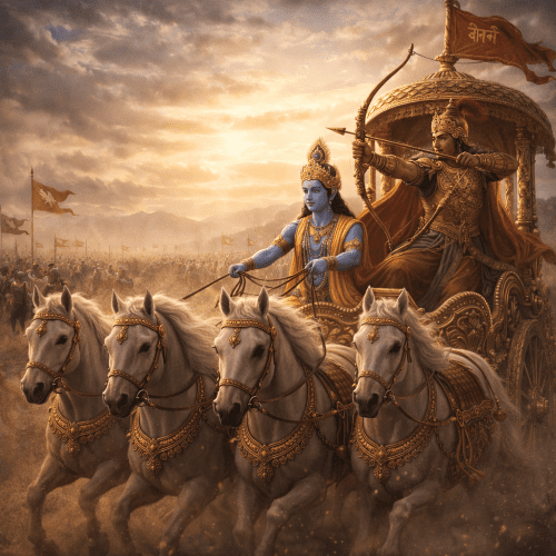 depiction of the Mahabharata’s Kurukshetra battlefield at dawn