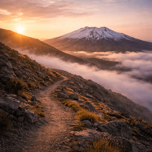 Mauna Kea Hawaii, volcanic mountain rising above a sea of clouds, snow-capped summit in the distance