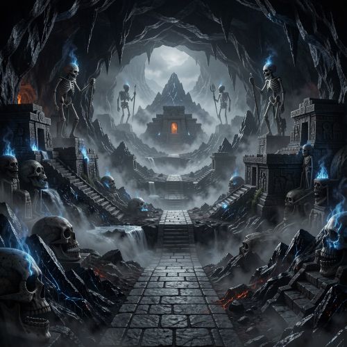 Mictlan, the Aztec underworld, vast dark cavernous realm with ancient stone pathways descending into nine shadowy layers