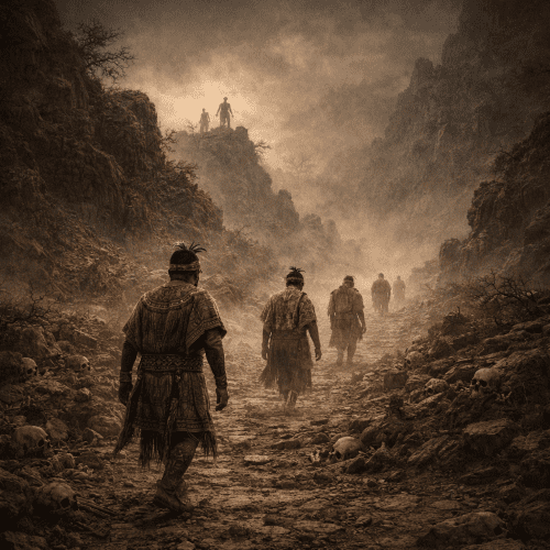 Mictlan, the Aztec underworld, vast dark cavernous realm with ancient stone pathways descending into nine shadowy layers