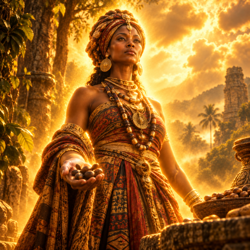 Minona, the Fon goddess associated with divination and sorcery, holding sacred palm kernels amid a lush forest
