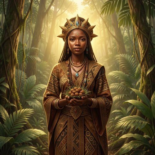 Minona, West African forest goddess of prophecy, standing within a dense sacred rainforest in Benin
