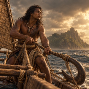 Motikitik, a legendary Micronesian fishing hero, hauling a massive fishing hook from the sea aboard a traditional outrigger canoe