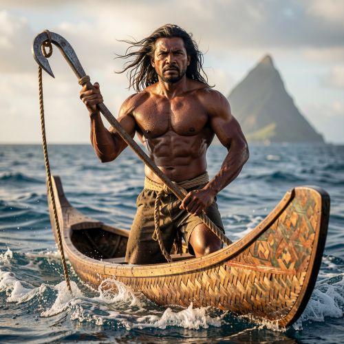 Motikitik, the legendary Micronesian fishing hero, standing powerfully in a traditional Pacific canoe