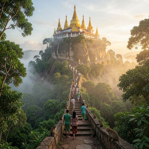 Mount Popa in Myanmar, dramatic volcanic plug rising from lush green forest, Taung Kalat monastery perched at the summit