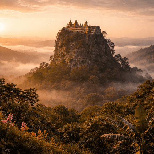 Mount Popa in Myanmar, dramatic volcanic plug rising from lush green forest, Taung Kalat monastery perched at the summit