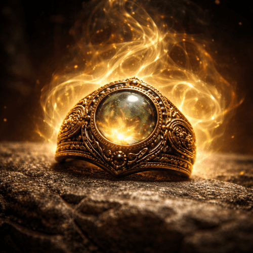 Mustika Ampal mystical ring, ancient Javanese divine ring glowing gemstone with subtle golden aura