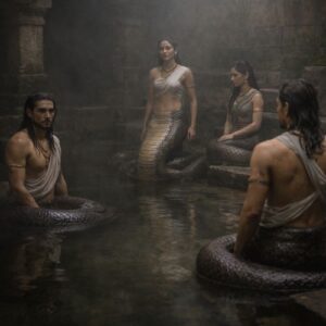 divine Nagas from Indian tradition rising from a sacred river