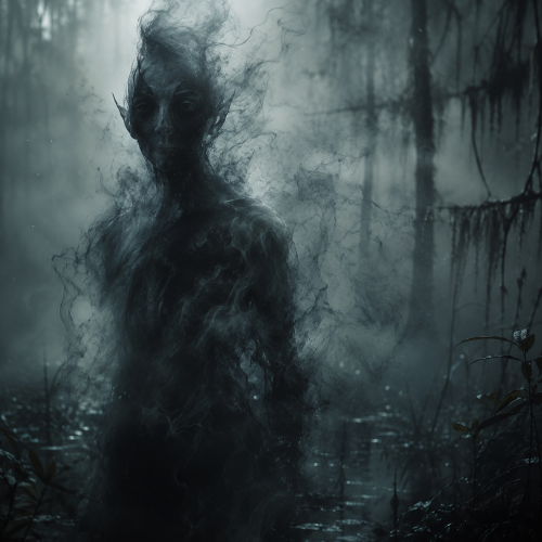 Nalusa Falaya, a tall shadowy humanoid spirit emerging from a dark swamp forest at dusk