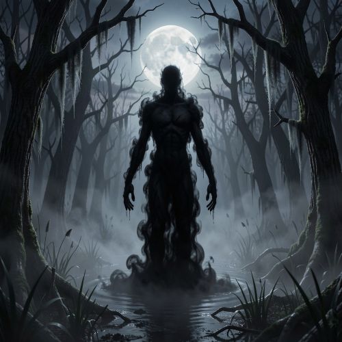 Nalusa Falaya, a tall shadowy humanoid spirit emerging from a dark swamp forest at dusk