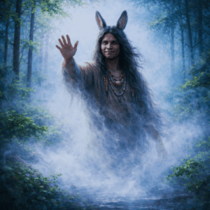 Nanabozho, a humanoid trickster spirit with subtle rabbit features