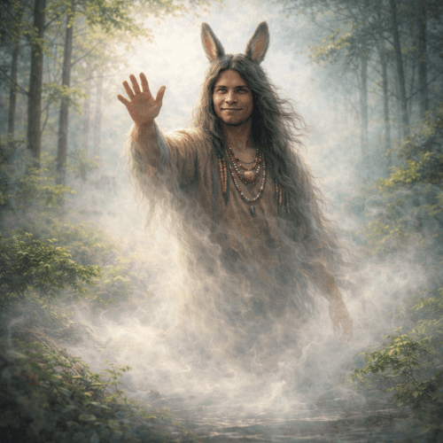 Nanabozho, a humanoid trickster spirit with subtle rabbit features