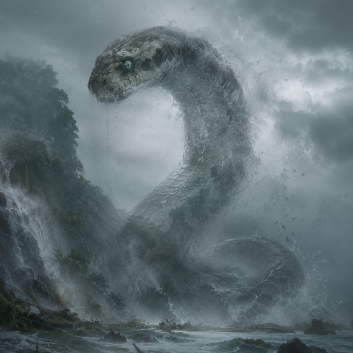 Napolo, the colossal subterranean serpent spirit from Chewa folklore, emerging from a storm-soaked mountain pool in Malawi