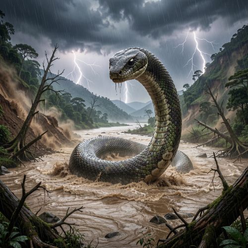 Napolo, the colossal subterranean serpent spirit from Chewa folklore, emerging from a storm-soaked mountain pool in Malawi