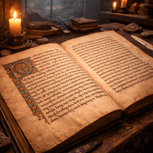Old English manuscript in candlelit monastery,