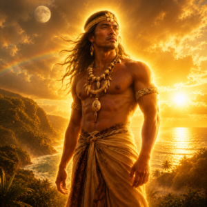Puntan from ancient Chamorro tradition, primordial male cosmic being standing in divine stillness upon a lush Pacific island landscape