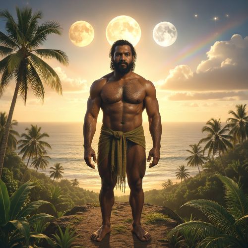 Puntan from ancient Chamorro tradition, primordial male cosmic being standing in divine stillness upon a lush Pacific island landscape