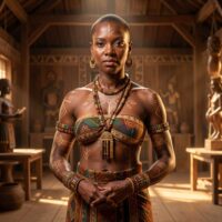 f Queen Lueji, legendary Central African Lunda queen standing in a royal posture