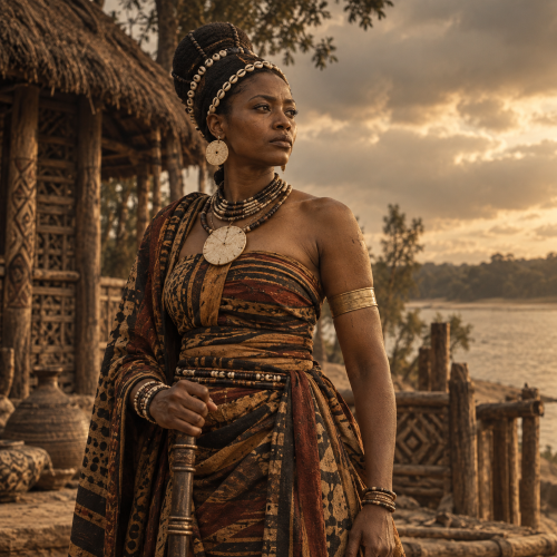 Queen Lueji, legendary Lunda queen, standing beside a traditional riverside village in Central Africa