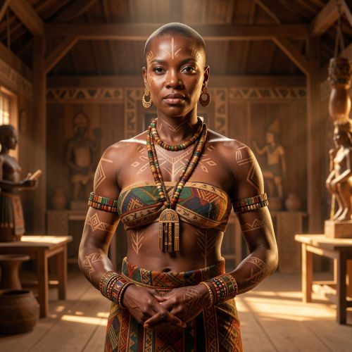 f Queen Lueji, legendary Central African Lunda queen standing in a royal posture