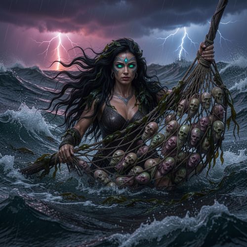 Rán, the Norse sea goddess, emerging from a dark, stormy ocean at twilight