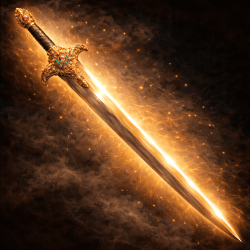 he jeweled sword Ratnamaru glowing with divine golden light