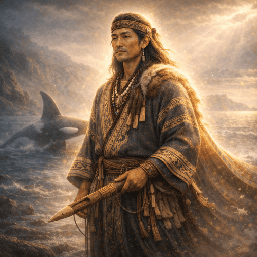 Repun-kamuy the Ainu sea god in front of the ocean