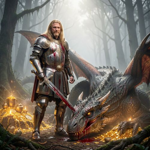 Siegfried the Germanic dragon slayer standing victorious beside a fallen dragon