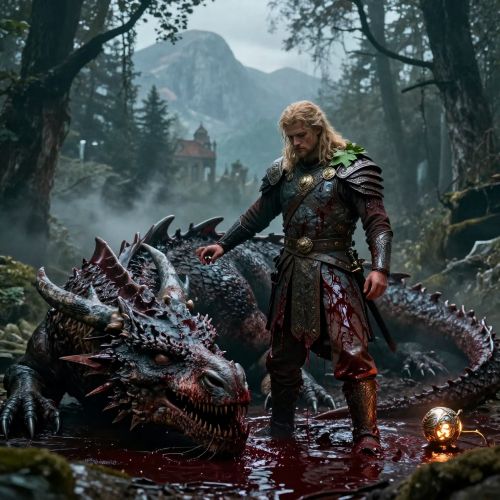 Siegfried the Germanic dragon slayer bathing in the blood of a slain dragon