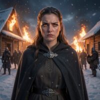 Signy from the V&ouml;lsunga Saga, a solemn Norse princess standing before a burning Viking longhall at night